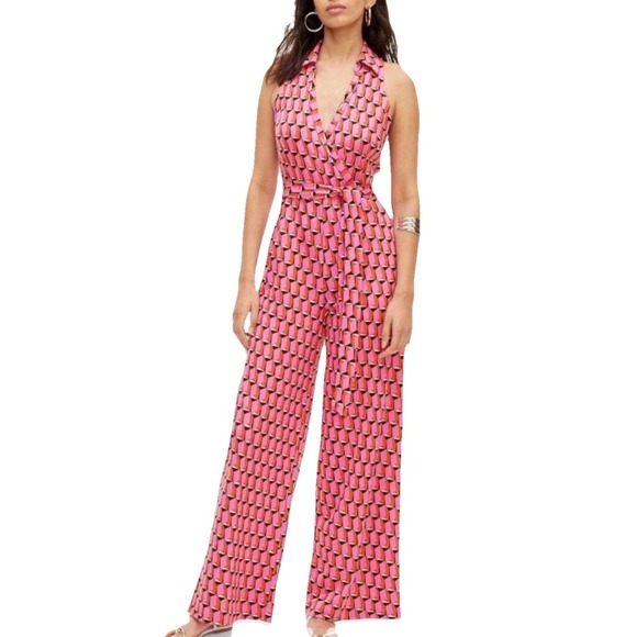 Diane Von Furstenberg Pants - Diane von Furstenberg Target Pink Geometric Wide Leg Wrap Jumpsuit XXL NWT